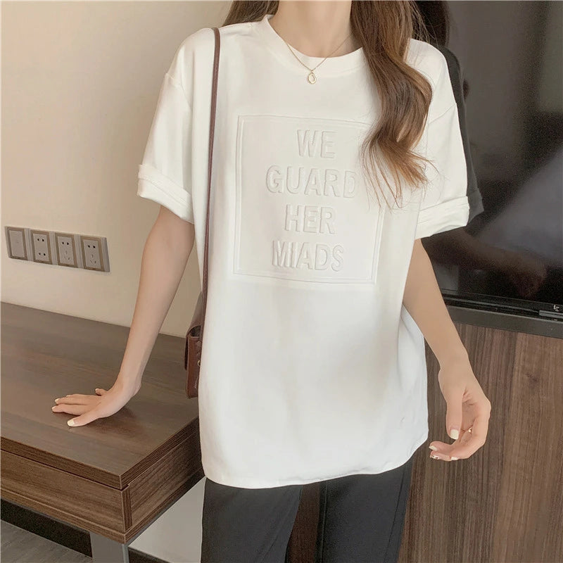 在庫処分立体ロゴTシャツレディーストップスゆったりカジュアル大きいサイズtシャツ・カットソーロゴTロゴTシャツ英字立体3Dロゴtシャツレディース半袖