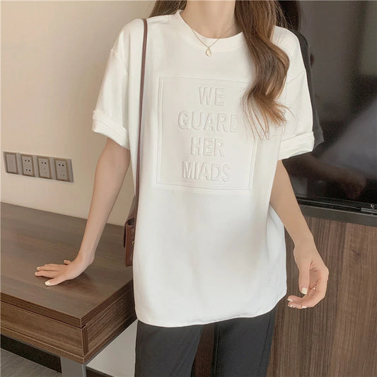在庫処分立体ロゴTシャツレディーストップスゆったりカジュアル大きいサイズtシャツ・カットソーロゴTロゴTシャツ英字立体3Dロゴtシャツレディース半袖